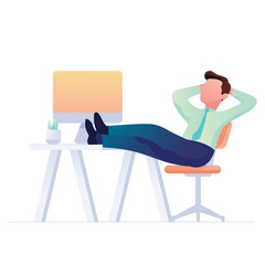 Relax worker sitting and dreaming at his office, flat vector design