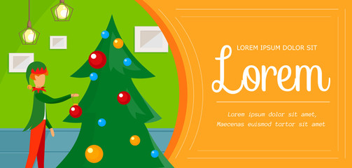 Character in Elf Costume Decorating Christmas Tree