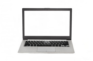 Metallic laptop with blank screen on white background