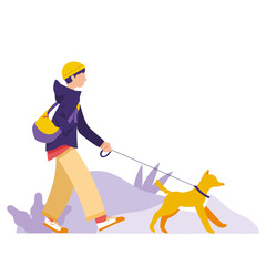 A boy walk with his dog in cold weather, boy walk his dog in autumn/winter season, happy dog and boy walk together