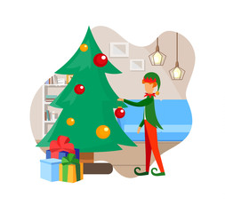 Elf Character in Suit Decorating Christmas Tree