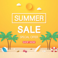 Summer sale , beach with coconut tree and stuff , paper art style