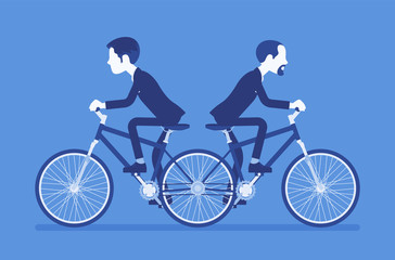Businessmen riding push me pull you tandem bicycle. Male ambitious managers in disagreement, unable working together moving in different ways. Vector illustration, faceless characters