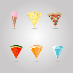 pizza, citrus, watermelon, ice cream, diamond, cheese symbol pointing at a map . Shop emblem. point location set