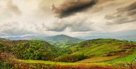 Obraz premium landscape of Pays Basque, Green hills. French countryside in the Pyrenees mountains
