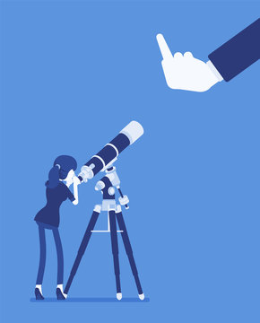 Businesswoman seeing no expectation of good or success. Female manager watching telescope for prediction, viewing bad business development, poor outcome, negative future prognosis. Vector illustration