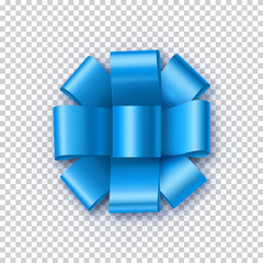 Beautiful blue bow from satin tape isolated on transparent background. Realistic decoration for competition or achievement congratulation. Bright bow for diploma design vector illustration.