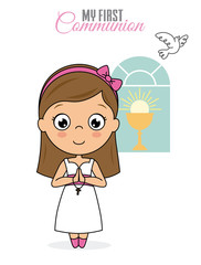 First communion card. Praying girl