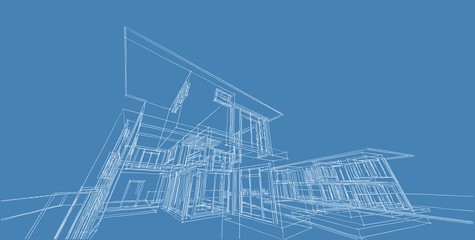 3D illustration architecture building perspective lines.