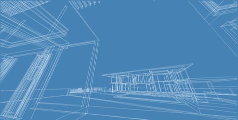 3D illustration architecture building perspective lines.