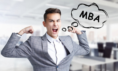 Business, technology, internet and networking concept. Young entrepreneur shouts out a keyword: MBA