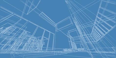 3D illustration architecture building perspective lines.