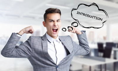 Business, technology, internet and networking concept. Young entrepreneur shouts out a keyword: Introduction
