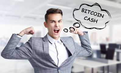 Business, technology, internet and networking concept. Young entrepreneur shouts out a keyword: Bitcoin cash