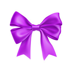 Romantic purple ribbon bow isolated on white background. Realistic decoration for holidays events. Glossy decor object from satin vector illustration. Christmas or birthday decoration element.