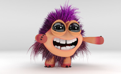 Happy Kawaii monster pointing with purple hair and black eyes - 3D Render