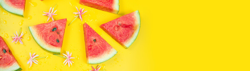 web banner and minimal flat lay creative design for group of summer fruits with fresh watermelon and pine apple on pastel color background
