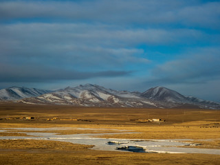 Car window scenery of Qinghai–Tibet railway in Tibet Autonomous Region, China.