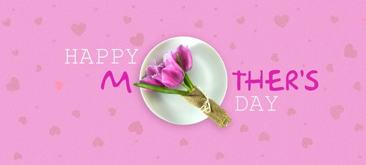 Happy Mother's Day greeting card with beautiful tulips. Pink background. Isolated. Congratulatory background. Holiday card.