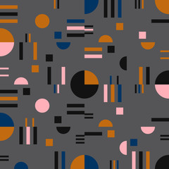 Geometric vector seamless pattern in retro style . Modern  background with circles, lines and other simple shapes.