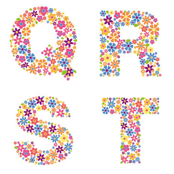 Alphabet part, letters Q, R, S, T filled with a variety of colorful flowers isolated on white background vector illustration