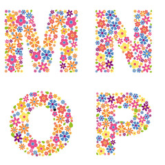 Alphabet part, letters M, N, O, P filled with a variety of colorful flowers isolated on white background vector illustration