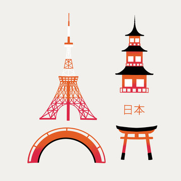 Japanese Landmarks - Tower , Shrine, Bridge  Isolated