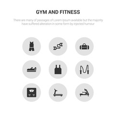 9 round vector icons such as rowing machine, running machine, scale, skipping rope, sleeveless contains sneakers, sport bag, sport expander, sport wear. rowing machine, running icon3_, gray gym and