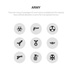 9 round vector icons such as gas mask, grenade, gun, in, medal contains missile, nuclear, pistol, radiation. gas mask, grenade, icon3_, gray army icons