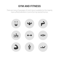 9 round vector icons such as abs, anatomy, arm, athletic strap, barbell contains bench press, biceps, bodybuilder, bosu ball. abs, anatomy, icon3_, gray gym and fitness icons