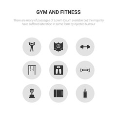 9 round vector icons such as boxing bag, yoga mat, boxing mannequin, chest expander, diet contains gymnastic rings, dumbbell, elevation mask, exercise. boxing bag, yoga mat, icon3_, gray gym and