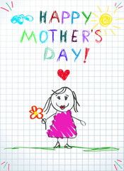 Happy Mothers Day Greeting Card. Baby Drawing