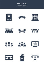 12 political vector icons such as political balance, political candidate speech, flag, publicity on monitor screen, politicians contains poll, protest, slavery, supporter, uncle sam hat, unity icons