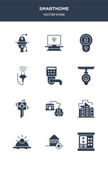 12 smarthome vector icons such as security code, security system, sensor, smart city, smart home console contains smart key, lamp, lock, plug, switch, television icons