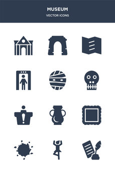 12 museum vector icons such as poetry, ballet, ink, frame, ceramic contains information desk, anthropology, mummy, metal detector, trifold, arc icons