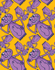Vector seamless pattern with cute monster on yellow background.