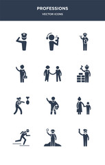 12 professions vector icons such as actor, archeologist, athlete, baby sitter, basketball player contains boxer, builder, hr specialist, businessman, butler, callcenter icons