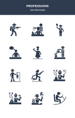 12 professions vector icons such as driver, dyer, electrician, engineer, firefighter contains fisherman, florist, graduated, graphic de, guide, hairdresser icons