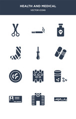 12 health and medical vector icons such as pharmacy, pills, pipette, plaster, poison contains poisonous, pregnancy test, prescription, pulse, scalpel, serum icons