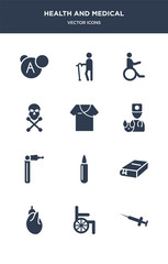 12 health and medical vector icons such as sperm, spermatozoon, sphygmomanometer, stethoscope, stretcher contains surgery, syringe, syrup, tablets, tonometer, transfusion icons
