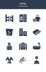 12 hotel vector icons such as 24 service, barbershop, bathrobe, bathtub, beach hotel contains bellboy, blanket, booking, bread, breakfast, wine menu icons