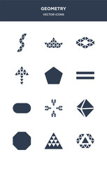 12 geometry vector icons such as multiple triangles inside hexagon, multiple triangles triangle, octagon, octahedron, ornamental rotating polygonal contains oval, parallel, pentagon, polygonal arrow