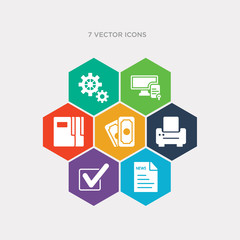 simple set of folded newspaper, checking box with a checkmark, written paper, dollar bills stack icons, contains such as icons office folders, digital certificate, settings cog and more. 64x64 pixel