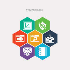 simple set of contact notebook, unread mail, new email with lightning, settings icons, contains such as icons amplified speaker, no protection, crop tool and more. 64x64 pixel perfect. infographics
