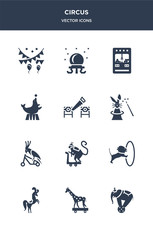 Naklejka premium 12 circus vector icons such as circus elephant, circus giraffe, horse, lion, monkey contains parrot, rabbit, sawing, seal, claw machine, crystal ball icons