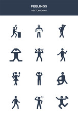 12 feelings vector icons such as accomplished human, aggravated human, alive human, alone amazed contains amazing amused angry annoyed anxious sick icons