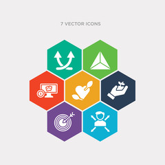simple set of multitasking worker, archery champion, hand and sprout, ecologic heart icons, contains such as icons online gambling, triangular, crossover and more. 64x64 pixel perfect. infographics