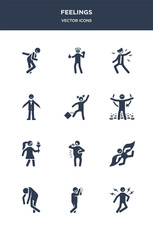 12 feelings vector icons such as ecstatic human, emotional human, energized human, excited exhausted contains fantastic fat free fresh frustrated full icons