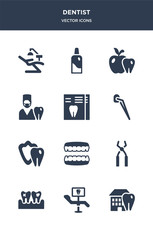 12 dentist vector icons such as dental house, dental monitor, dental plaque, probe, prosthesis contains protection, veneer, x ray, dentist, dentist apple, bottle with liquid icons