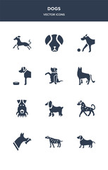 12 dogs vector icons such as dachshund dog, dalmatian dog, doberman dog, english setters field spaniel contains fox terrier german shepards goldador golden retriever great dane great pyrenees icons